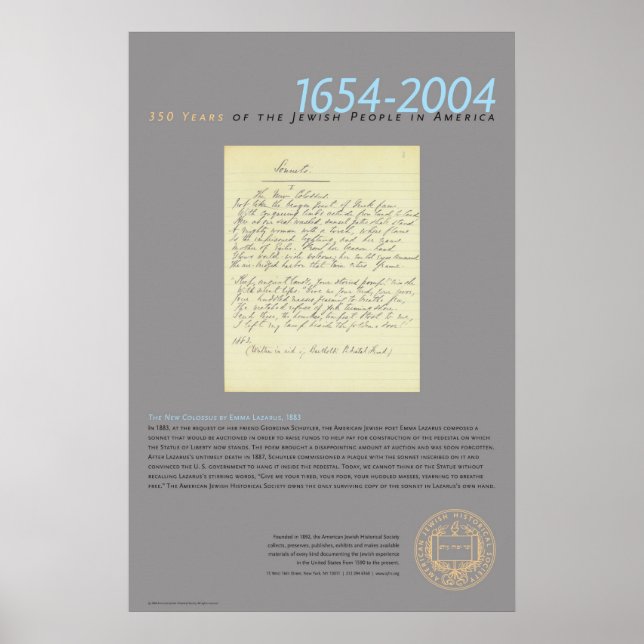 The New Colossus by Emma Lazarus, 1883 Poster (Front)