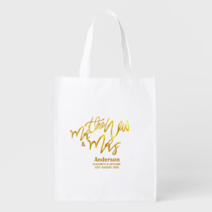 The New Mr and Mrs (add name, date, venue) Gold Reusable Grocery Bag
