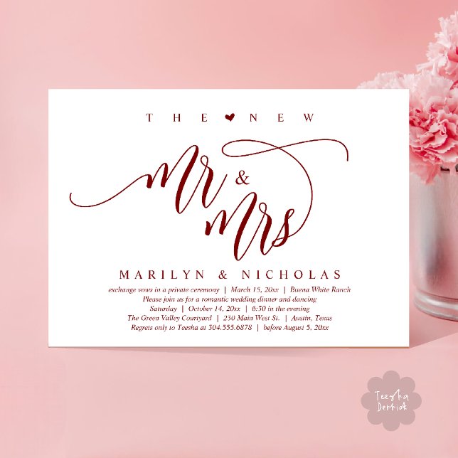 The New Mr and Mrs, Modern Wedding Dinner Party Invitation (The New Mr and Mrs, Modern Romantic Wedding Dinner Party Invites Card PDF in Burgundy Wine Red)