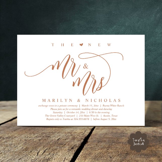 The New Mr and Mrs, Modern Wedding Dinner Party Invitation (The New Mr and Mrs, Modern Romantic Wedding Dinner Party Invites Card PDF in Copper Brown)