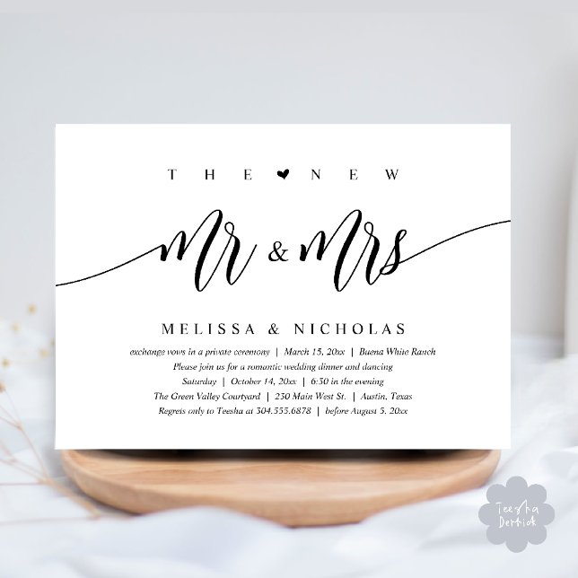 The New Mr and Mrs, Modern Wedding Dinner Party Invitation (The New Mr and Mrs, Modern Romantic Wedding Dinner Party Invites Minimalist Card PDF in Black White)