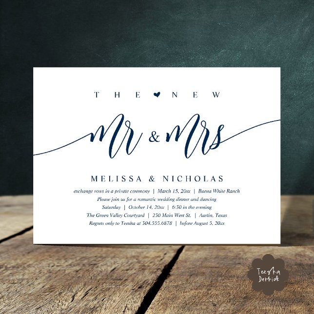 The New Mr and Mrs, Modern Wedding Dinner Party Invitation (The New Mr and Mrs, Modern Romantic Wedding Dinner Party Invites Minimalist Card PDF in Navy blue)
