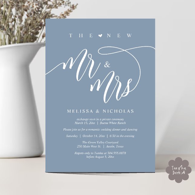 The New Mr and Mrs Modern Wedding Party Dinner Invitation (The New Mr and Mrs, Modern Romantic Wedding Dinner Party Invites Minimalist Card PDF in Dusty Blue)