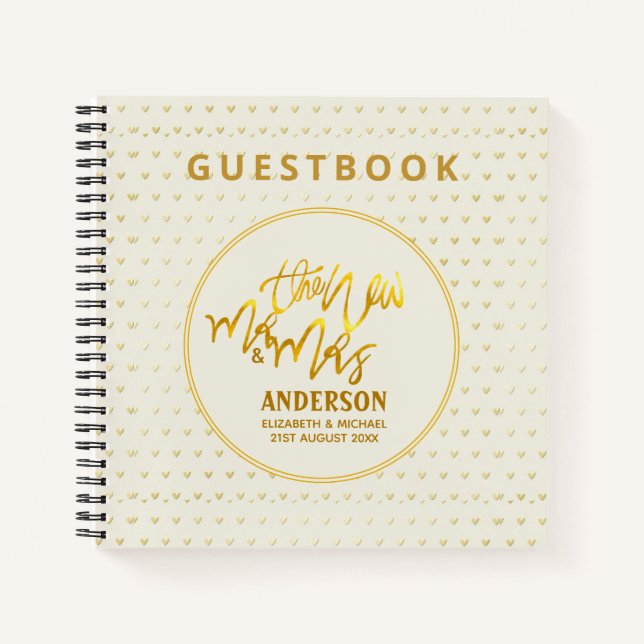 The New Mr and Mrs (name,date) Wedding Gold Hearts Notebook (Front)