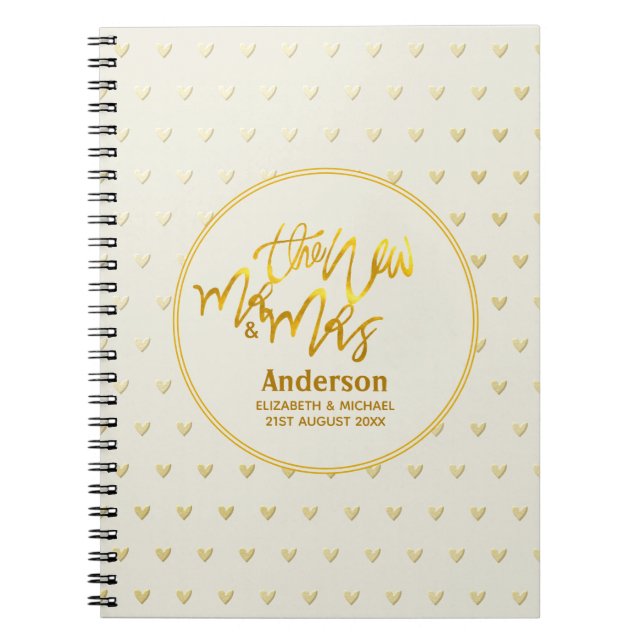 The New Mr and Mrs (name,date) Wedding Gold Hearts Notebook (Front)