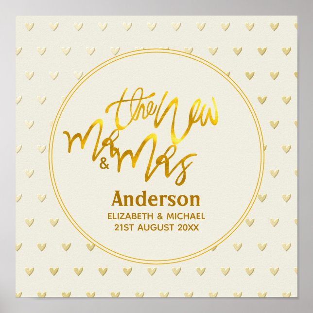 The New Mr and Mrs (name,date) Wedding Gold Hearts Poster (Front)