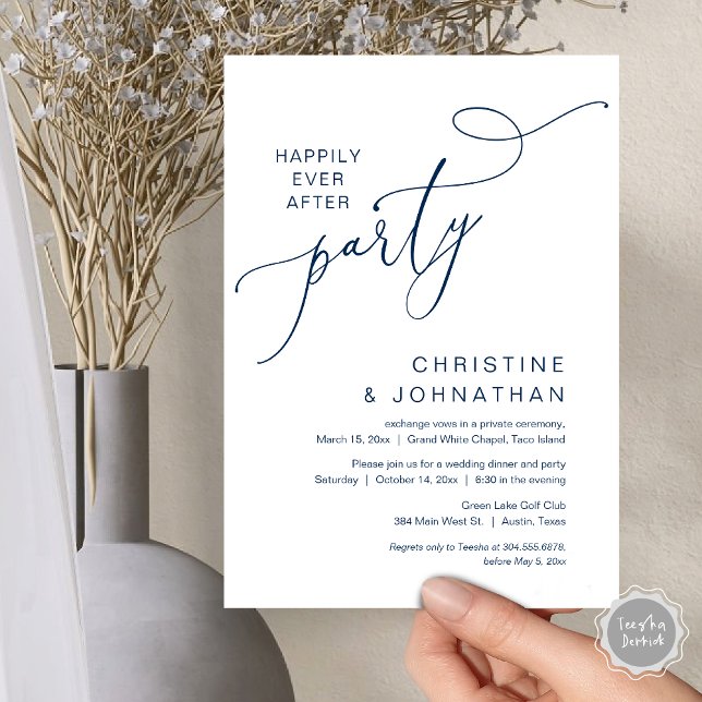 The New Mr and Mrs, Wedding Elopement Dinner Party Invitation (Happily Ever After Party, Wedding Elopement Dinner Dancing Invitation Card, PDF, Navy Blue)