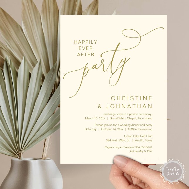 The New Mr and Mrs, Wedding Elopement Dinner Party Invitation (Happily ever after, Wedding Elopement Dinner Party Lunch Brunch Invitation Card, PDF, Yellow Gold)