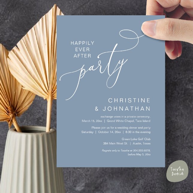 The New Mr and Mrs, Wedding Elopement Dinner Party Invitation (Happily ever after party, Wedding Elopement Dinner dancing Invitation Card, PDF, Dusty Blue)