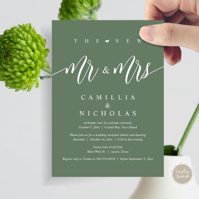 The New Mr and Mrs, Wedding Elopement Dinner Party Invitation (The New Mr and Mrs, Wedding Elopement Dinner Party Invitation Card, PDF, Forest Sage Green)