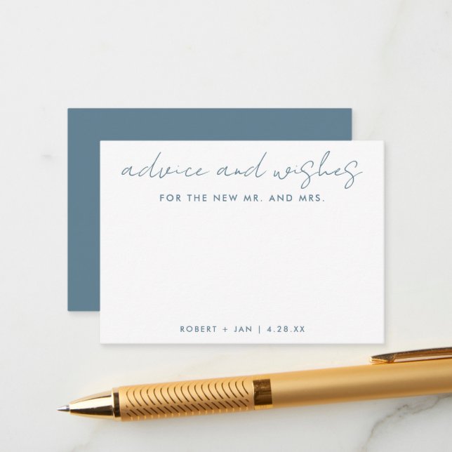 The New Mr + Mrs Minimalist Blue Wedding Advice Card (Front/Back In Situ)