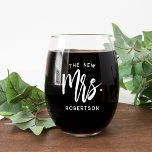 The New Mrs Personalised Bride Stemless Wine Glass<br><div class="desc">Show off your new last name with our super cute personalised stemless wine glass! Design features "the new  mrs. [lastname]" in white handwritten script typography. Easily customise using the template field provided. Makes a great gift for a newlywed or recent bride.</div>