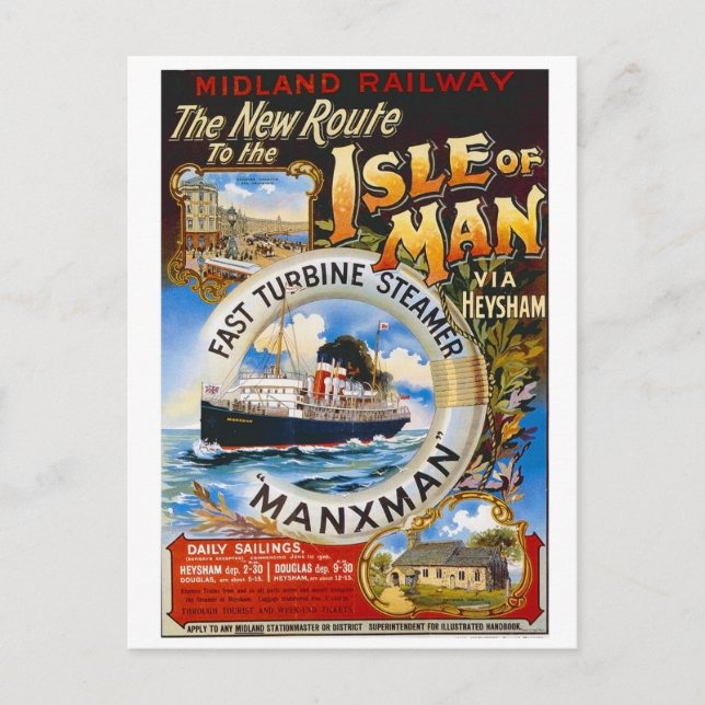 The New route to the Isle of Man, steam ship tour Postcard (Front)