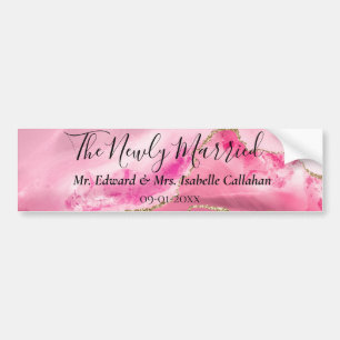 "The Newly Married" "Mr. & Mrs." Pink Agate Stone Bumper Sticker