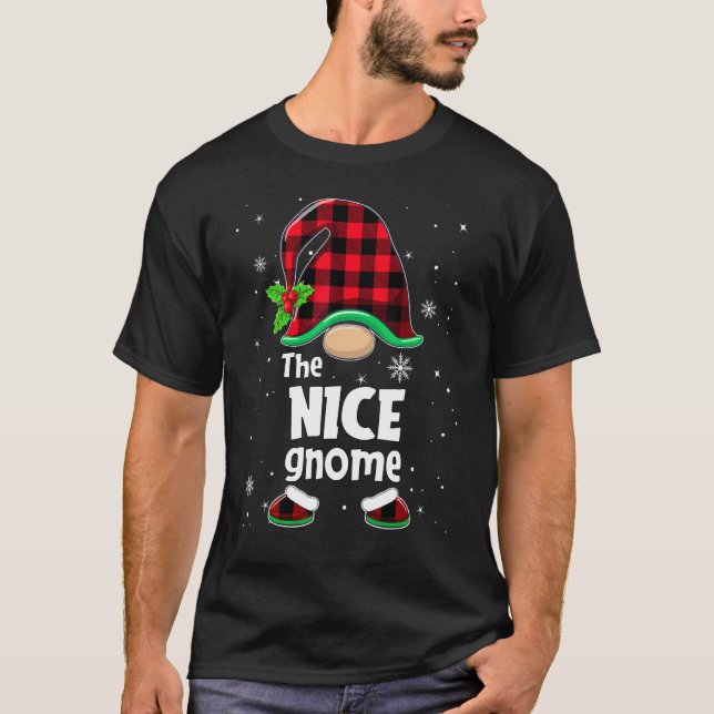 The Nice Gnome Buffalo Plaid Christmas Matching Fa T-Shirt (Front)