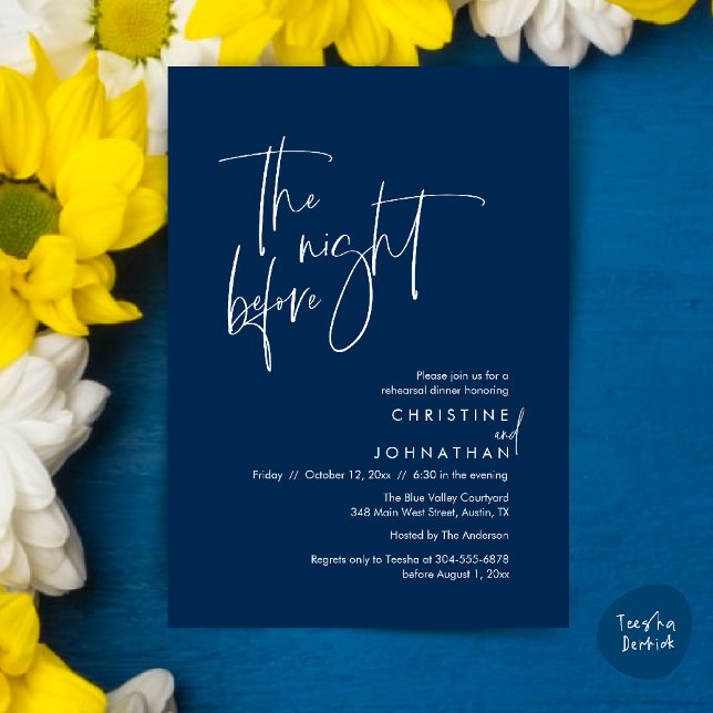 The night before, Casual Wedding Rehearsal Dinner Invitation (The night before, Casual Modern Wedding Rehearsal Dinner Invitation Card PDF Navy Blue)