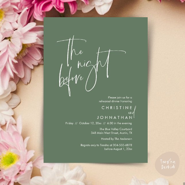 The night before, Casual Wedding Rehearsal Dinner Invitation (The night before, Casual Modern Wedding Rehearsal Dinner Invitation Card PDF Sage Green)