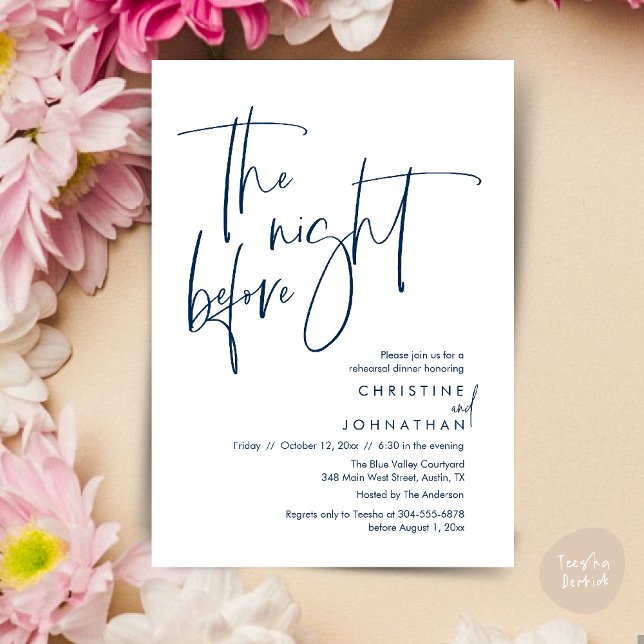 The night before, Casual Wedding Rehearsal Dinner Invitation (The night before, Casual Modern Wedding Rehearsal Dinner Invitation Card PDF Navy Blue)