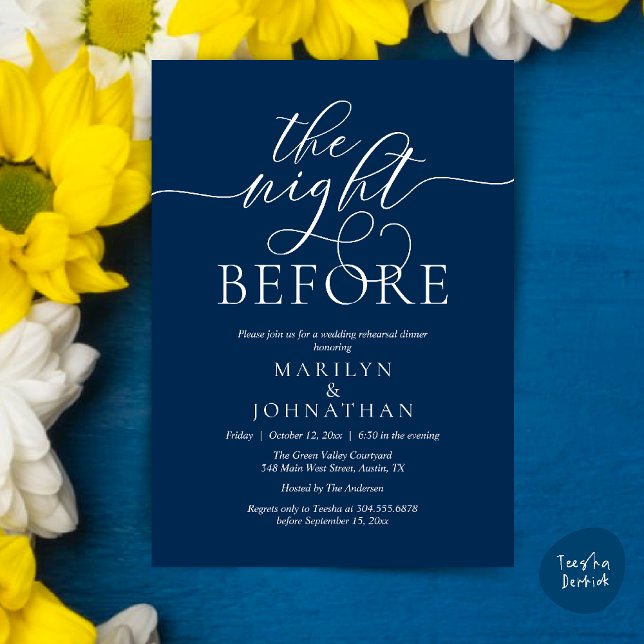 The Night Before, Classy Wedding Rehearsal Dinner Invitation (The Night Before, Classy Romantic Wedding Rehearsal Dinner Party Invitation Card PDF in Navy Blue)