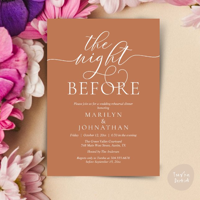 The Night Before, Classy Wedding Rehearsal Dinner Invitation (The Night Before, Classy Romantic Wedding Rehearsal Dinner Party Invitation Card PDF in Copper Brown)