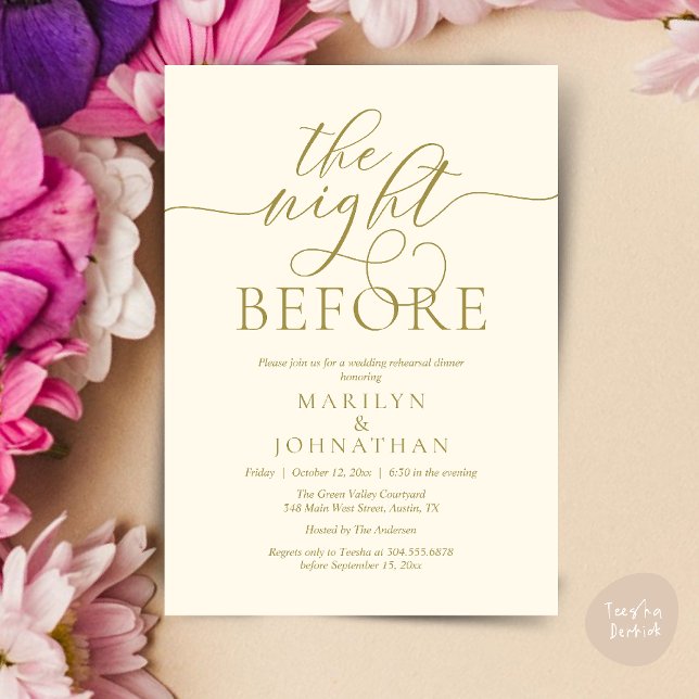 The Night Before, Classy Wedding Rehearsal Dinner Invitation (The Night Before, Classy Romantic Wedding Rehearsal Dinner Party Invitation Card PDF in Yellow Gold)