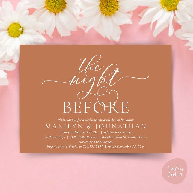 The Night Before, Classy Wedding Rehearsal Dinner Invitation (The Night Before, Classy Romantic Wedding Rehearsal Dinner Party Invitation Card PDF in Copper Brown)