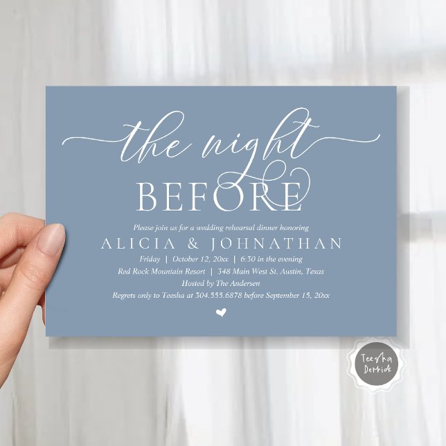 The Night Before, Classy Wedding Rehearsal Dinner Invitation (The Night Before, Classy Romantic Wedding Rehearsal Dinner Invitation Card, PDF, Dusty Blue)