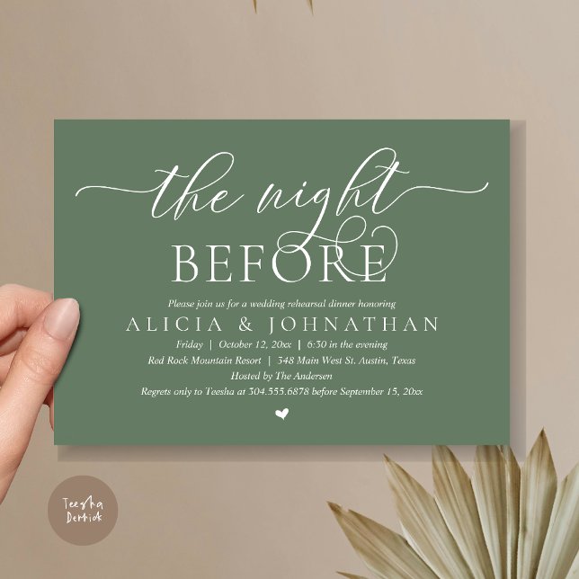 The Night Before, Classy Wedding Rehearsal Dinner Invitation (The Night Before, Classy Romantic Wedding Rehearsal Dinner Invitation Card, PDF, Forest Sage Green)
