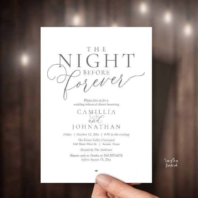 “The Night Before Forever” Modern Rehearsal Dinner Invitation (“The Night Before Forever” Modern classy minimalist Rehearsal Dinner Invitation Card dark grey)