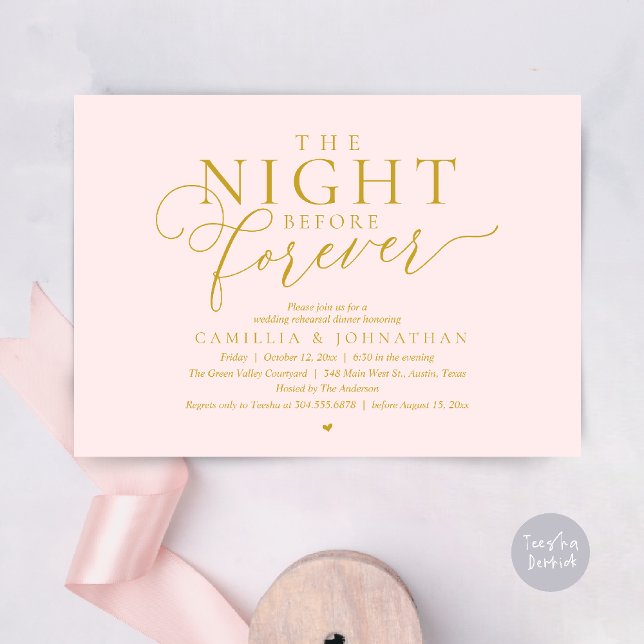 “The Night Before Forever” Modern Rehearsal Dinner Invitation (“The Night Before Forever” Modern Classy Rehearsal Dinner Invitation card in Blush and yellow Gold)