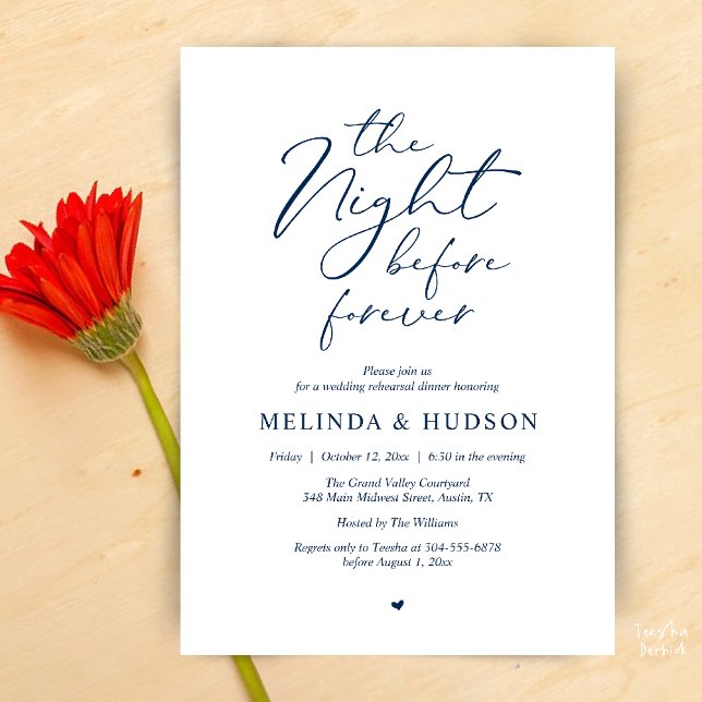 The Night Before Forever Romantic Rehearsal Dinner Invitation (Modern Romantic Wedding Rehearsal Dinner The Night Before Forever Invites Card in Navy Blue)