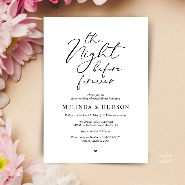 The Night Before Forever Romantic Rehearsal Dinner Invitation (Modern Romantic Wedding Rehearsal Dinner The Night Before Forever Invites Card in Black and White)