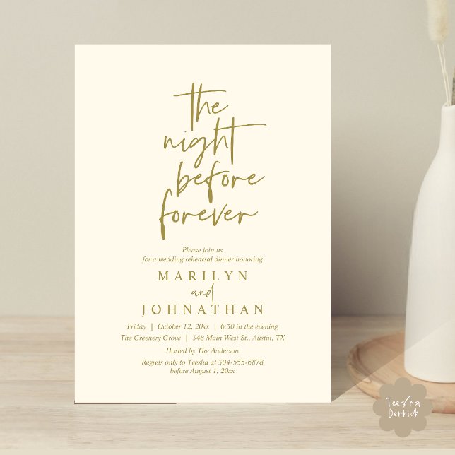 The Night Before Forever, Wedding Rehearsal Dinner Invitation (The Night Before Forever, Modern Minimal Wedding Rehearsal Dinner Invitation Card in Yellow Gold)
