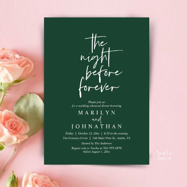 The Night Before Forever, Wedding Rehearsal Dinner Invitation (The Night Before Forever, Modern Minimal Wedding Rehearsal Dinner Invitation Card in Forest Emerald)