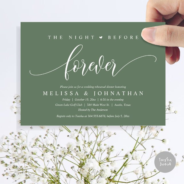 The Night Before Forever, Wedding Rehearsal Dinner Invitation (The Night Before Forever, Modern Wedding Rehearsal Dinner Invitation Card, PDF, in Forest Sage Green)