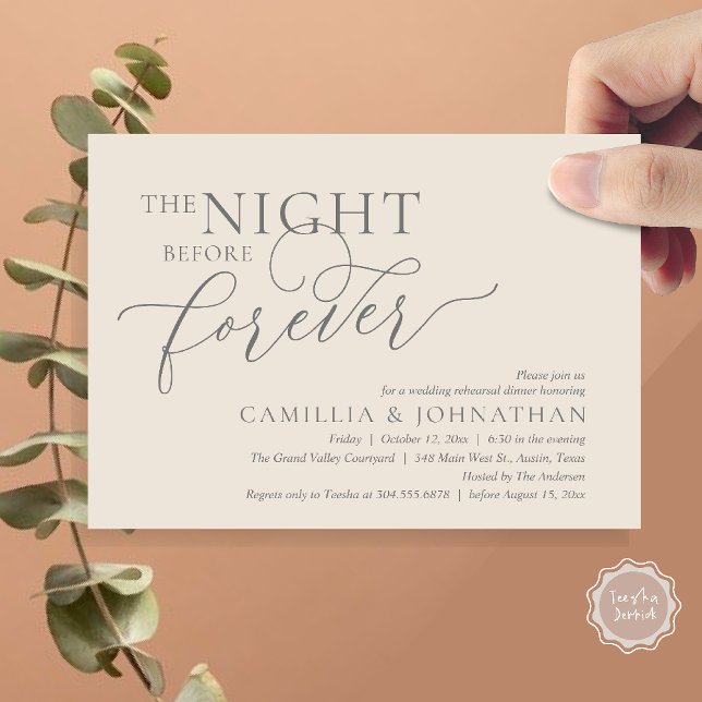 The Night Before Forever, Wedding Rehearsal Dinner Invitation (The Night Before Forever Wedding Rehearsal Dinner Romantic Classy Invites Card PDF in Cream Grey)