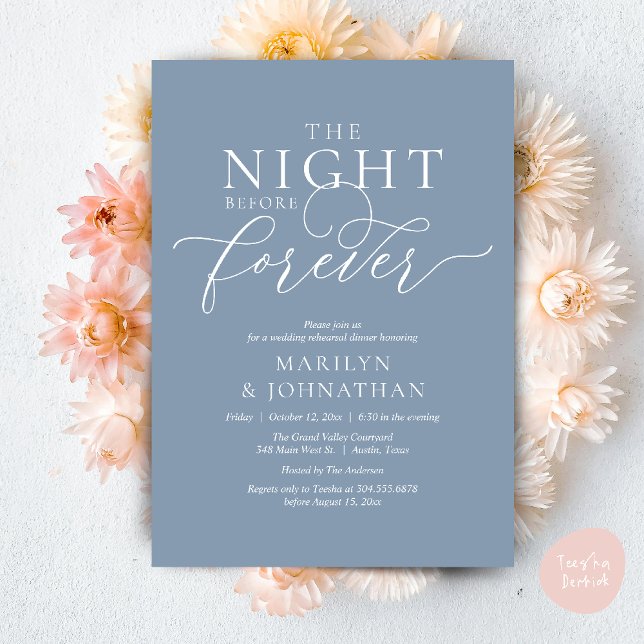 The Night Before Forever, Wedding Rehearsal Dinner Invitation (The Night Before Forever Wedding Rehearsal Dinner Romantic Classy Invites Card PDF in Dusty Blue)