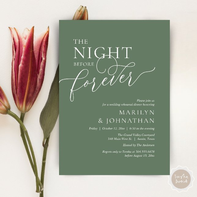 The Night Before Forever, Wedding Rehearsal Dinner Invitation (The Night Before Forever Wedding Rehearsal Dinner Romantic Classy Invites Card PDF in Sage Green)