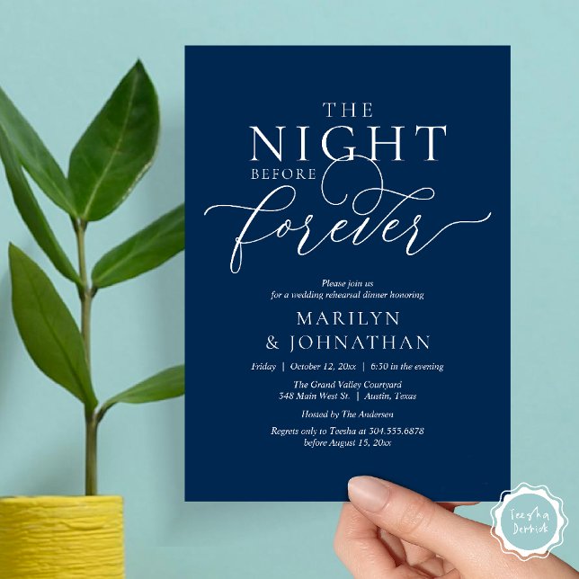 The Night Before Forever, Wedding Rehearsal Dinner Invitation (The Night Before Forever Wedding Rehearsal Dinner Romantic Classy Invites Card PDF in Navy Blue)