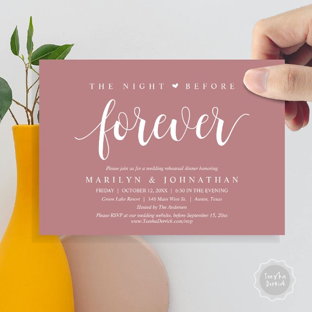 The Night Before Forever, Wedding Rehearsal Dinner Invitation (The Night Before Forever, Wedding Rehearsal Dinner Invitation Card, PDF, Retro, Dusty Rose Pink)
