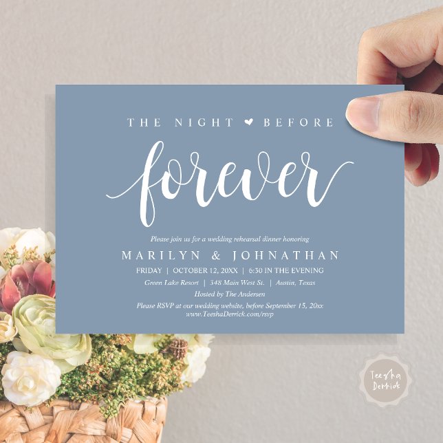 The Night Before Forever, Wedding Rehearsal Dinner Invitation (The Night Before Forever, Wedding Rehearsal Dinner Invitation Card, PDF, Retro Rustic, Dusty Blue)