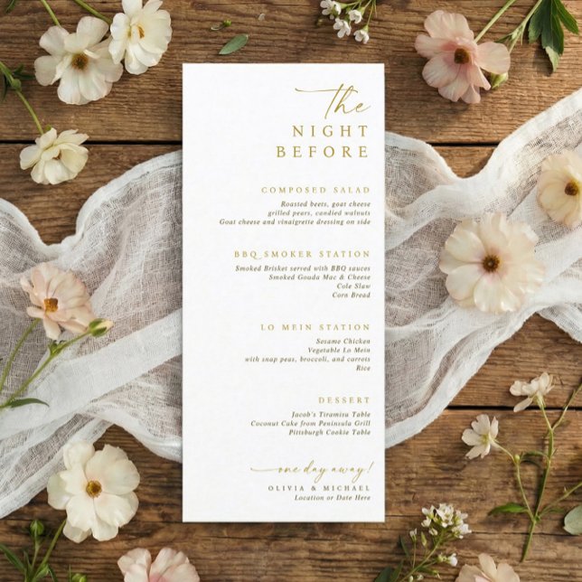 The Night Before Gold 4 Course Rehearsal Dinner Menu (Elegant gold wedding rehearsal dinner menus - 4 stations or courses - in elegant handwriting.)