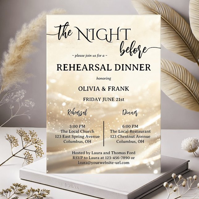 The Night Before Gold Sparkling Rehearsal Dinner Invitation (Modern boho chic rehearsal dinner invitation showing a festive design with script and gold sparkles)