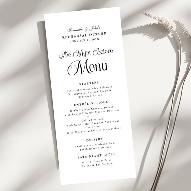 The Night Before Modern Elegant Rehearsal Dinner Menu (Creator Uploaded)