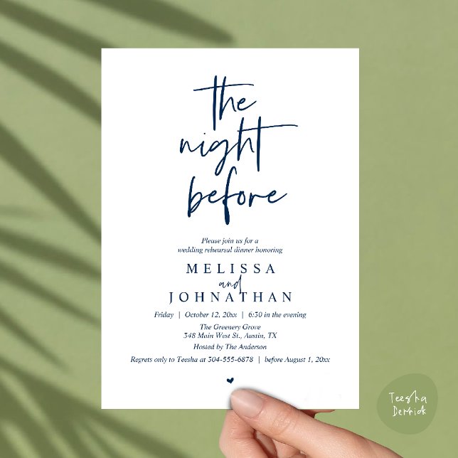 The night before, Modern Wedding Rehearsal Dinner Invitation (The night before, Modern minimalist Wedding Rehearsal Dinner Invitation card in navy blue)