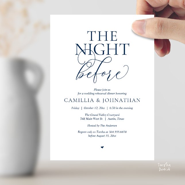 “The Night Before” Modern Wedding Rehearsal Dinner Invitation (“The Night Before” Modern Classy Rehearsal Dinner Reception Invitation Card Navy Blue)