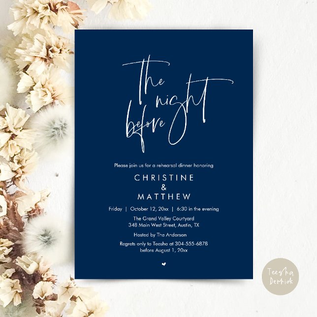The Night Before, Modern Wedding Rehearsal Dinner Invitation (The Night Before, Modern Wedding Rehearsal Dinner Invitation Card in Navy Blue)