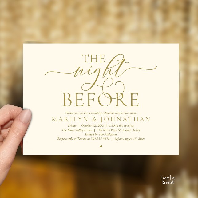The Night Before, Modern Wedding Rehearsal Dinner Invitation (The Night Before, Modern Romantic Classy Wedding Rehearsal Dinner Invitation Card in yellow gold)