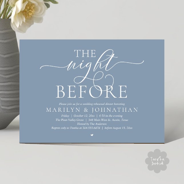 The Night Before, Modern Wedding Rehearsal Dinner Invitation (The Night Before, Modern Romantic Classy Wedding Rehearsal Dinner Invitation Card in dusty blue)