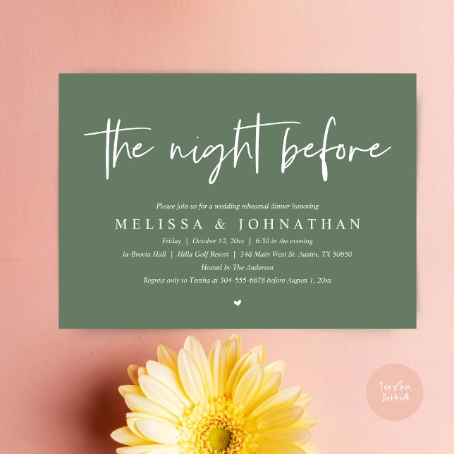 The Night Before, Modern Wedding Rehearsal Dinner Invitation (The Night Before Wedding Rehearsal Dinner Invitation Card, PDF, Modern Minimalist Classy Forest Sage)